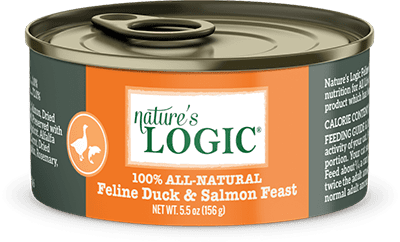 A can of Nature's Logic 100% All Natural Feline Duck & Salmon Feast wet cat food.