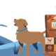 Drawing of barking dog next to Nature's Logic pet food bags.