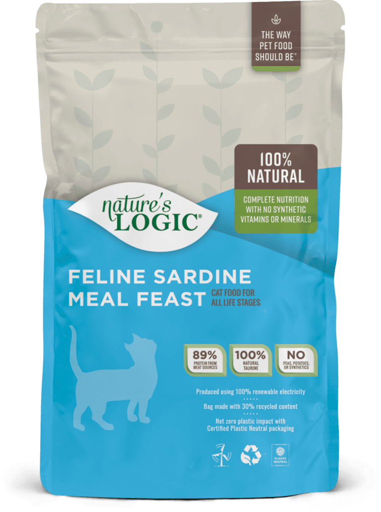 A blue and brown bag of Nature's Logic 100% All Natural Canine Sardine Meal Feast dry dog food.