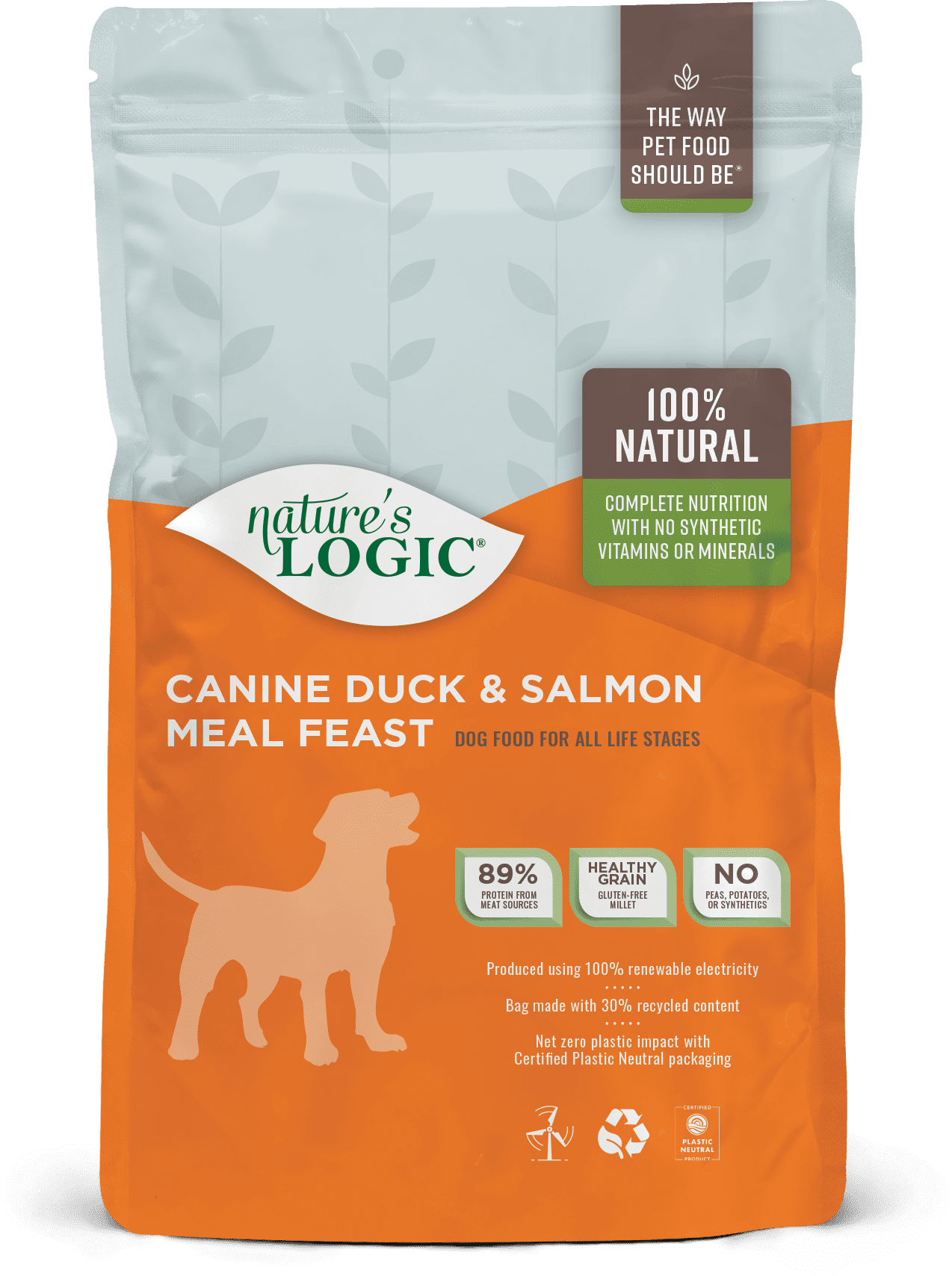 Nature's Logic Canine Duck & Salmon Meal Feast bag of dry dog food kibble.