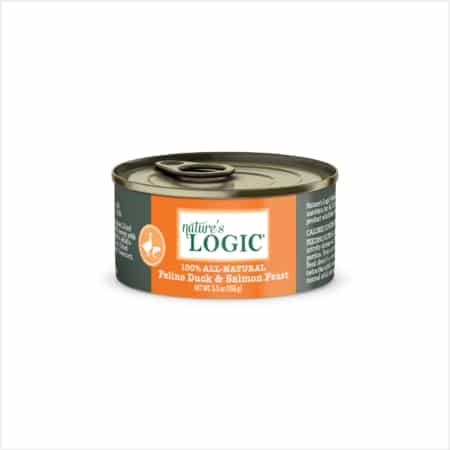 A can of Nature's Logic 100% All Natural Feline Duck & Salmon Feast wet cat food.