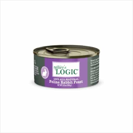 A can of Nature's Logic 100% All Natural Feline Rabbit Feast wet cat food.