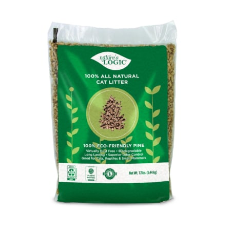 A bag of Nature's Logic 100% All Natural Pine Cat Litter.